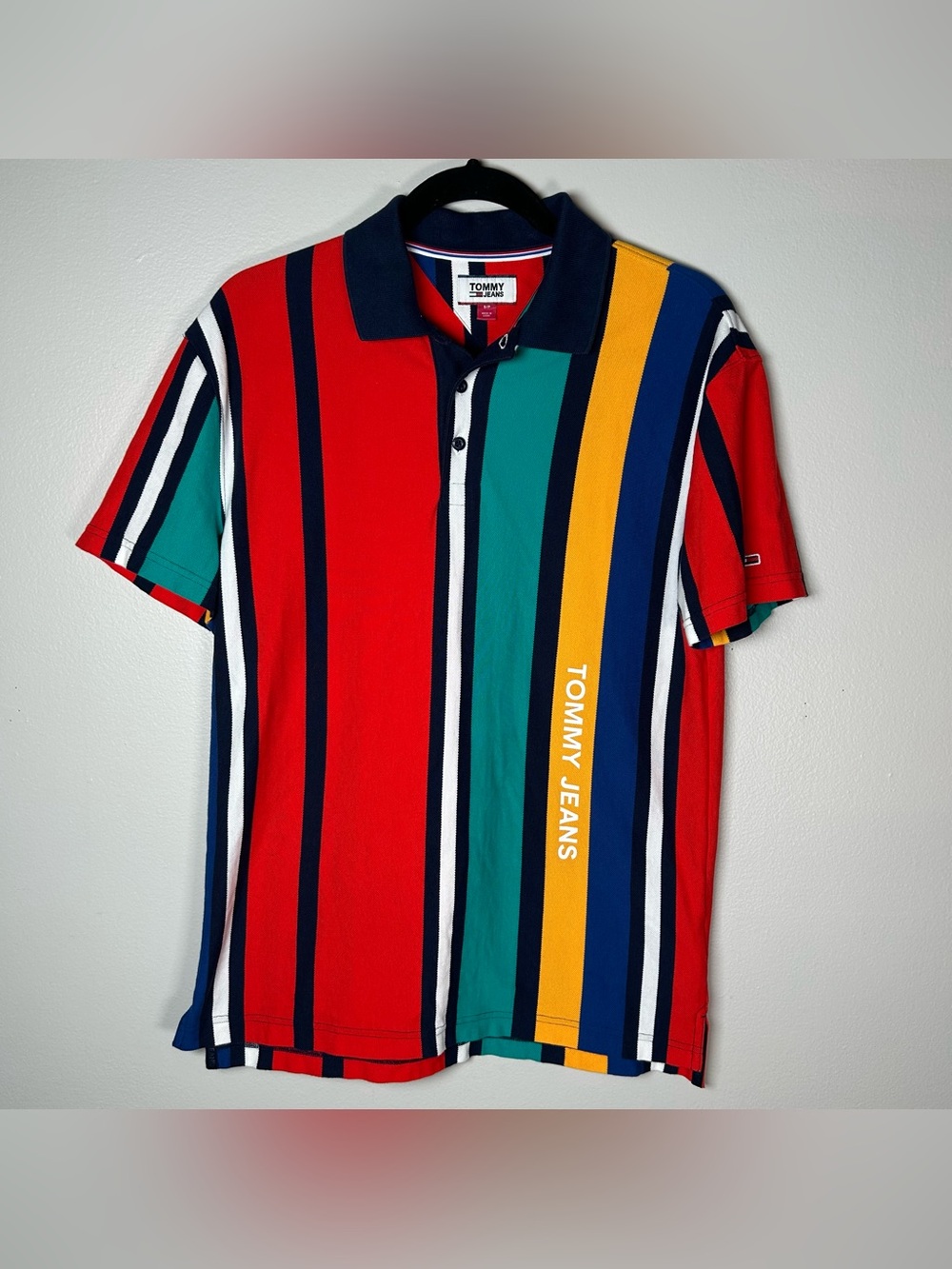 Tommy Jeans Polo Shirt Mens Small Multicolor Vertical Stripe Logo Retro Style